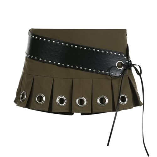 Women's Y2K PU Leather Skirts Low Waisted Studded Belt Pleated Mini Clubwear Skirt4