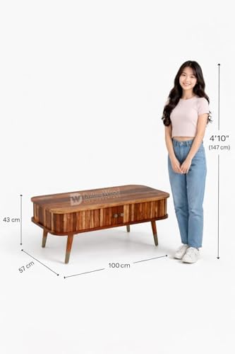 Image of DRIFTINGWOOD Travor Solid Sheesham Wood Coffee Table with Storage | Center Table for Living Room | Tea Table with Sliding Doors and 2 Compartments | Natural Finish