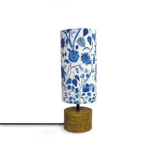 Image of ExclusiveLane 'Indigo Bloom' Mango Wooden Decorative Table Lamp for Bedroom (37.4 Cm, Without Bulb, Pack of 1, Handcrafted) |Table Lamp for Living Room Decoration Lamps Bedside Lamp for Bedroom