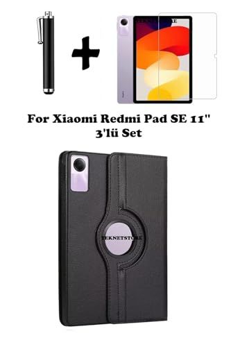 Xiaomi Redmi Pad SE 11 inç uyumlu siyah 3'lü set; 360° döner PU deri kılıf, nano ekran koruyucu ve dokunmatik kalem