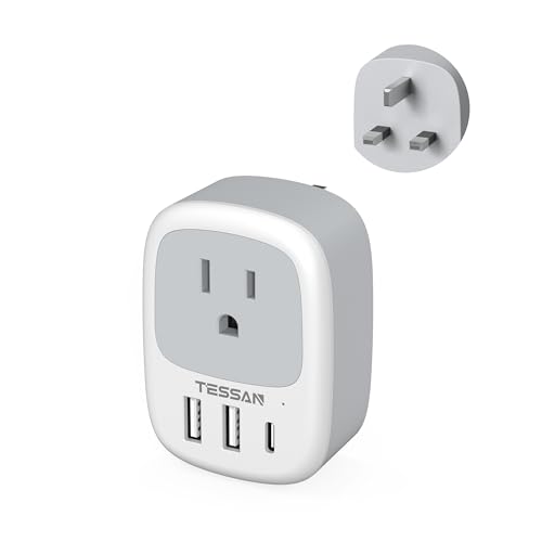 Image of UK Adapters for Travel, TESSAN US to UK Plug Adapter, Ireland Outlet Plug with 3 USB Charger (1 USB C Port), Type G Power Adaptor for USA to England Qatar Hong Kong Scotland Dubai London Kenya Irish