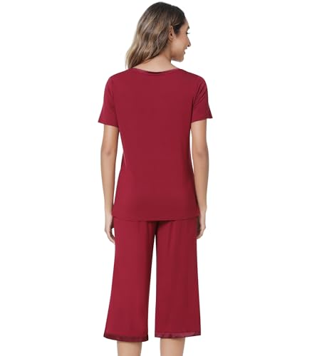 Image of NACHILA Pajamas for Women-Viscose Made from Bamboo,Satin Crew Neck Pajama Sets Short Sleeve Pjs with Capri Pants
