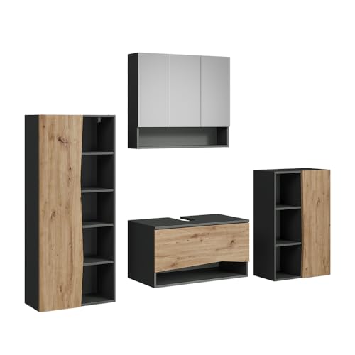 Vicco Conjunto de Muebles de baño Willow, Artesano, 80 cm, Compuesto por Mueble bajo Lavabo, Espejo, Columna Alta y Columna Media