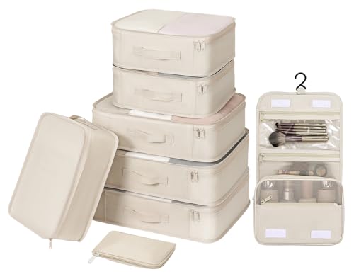 DIMJ Packing Cubes for Travel – Organizer Bags Set for Carry on Suitcase Lightweight Packing Cubes for Suitcase Cubes for luggage with Large Toiletries Bag (Cream) DIMJ Packing Cubes for Travel – Organizer Bags Set for Carry on Suitcase Lightweight Packing Cubes for Suitcase Cubes for luggage with Large Toiletries Bag (Cream)