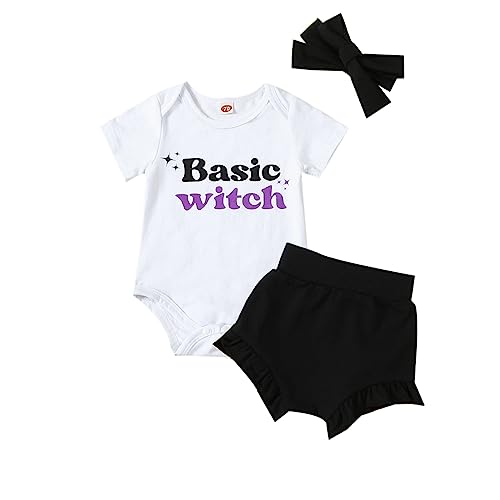 Image of Omkzanbi 3Pcs Halloween Baby Girl Costumes Letter Bodysuit Basic Witch Ruffle Bloomer Shorts Newborn Halloween Outfit 0-18M (basic witch, 6-12 Months)