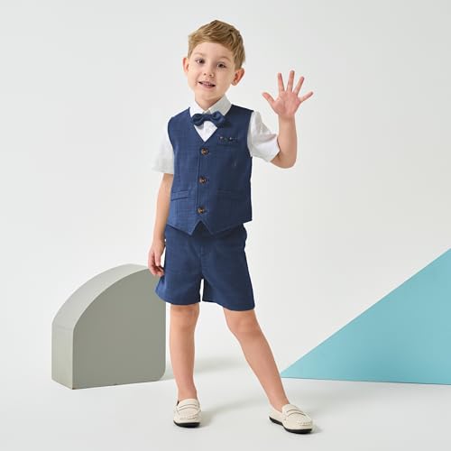 Volunboy Baby Boys Summer Suits Short Sleeve Wedding Ring Bearer Outfits 4Pcs Graduation Dress Vest Shirt Bowtie Shorts Set2
