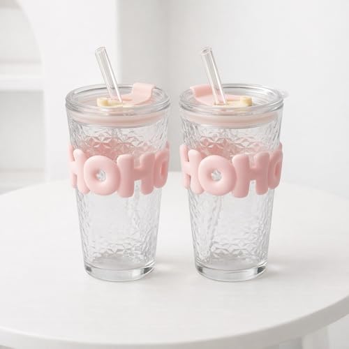 Image of Glass Sipper Tumbler with Straw | 450ml Stylish Cup for Cold & Hot Drinks | Reusable Travel Mug for Office, Gym, Home (Transparent, Pink)