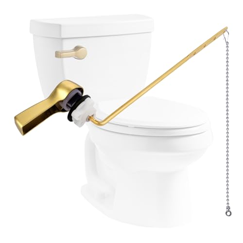 Image of Hibbent Universal Metal Front Mount Flush Toilet Handle Kit, Brushed Gold | Solid Brass Toilet Flush Tank Lever with Stainless Steel Adjustable Flapper Chains, Side Tank Toilet Handle for Most Toilets