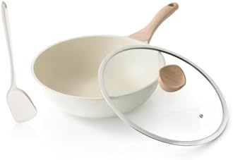 Kordisen Nonstick Wok with Lid, 12 Inch Woks & Stir-fry Pans, Healthy Coating Induction Cookware, Compatible with All Stovetops, PFOA Free (Cream White)