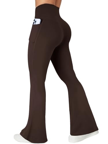 COPYLEAF Flare Leggings with Pockets for Women Seamless Crossover Yoga Pants with Tummy Control Bootcut Work Pants Trendy Brown