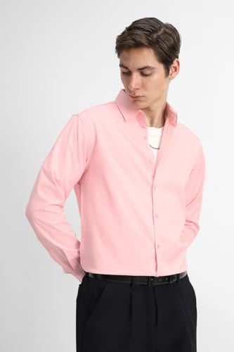 Image of SNITCH Men Formal Shirt | Tailored Slim Fit Full Sleeve Spread Collar Solid Style | Breathable Polyester Viscose Blend Twill Fabric for Office & Evening