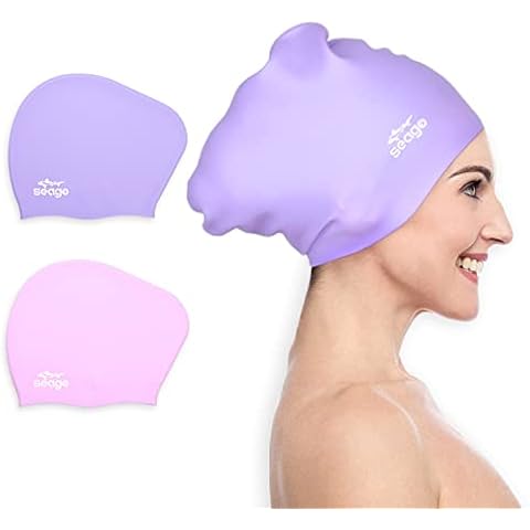 SEAGO Swimming Cap Women 2 Pack, Swimming Hat with Extra Space, Anti-Slip Waterproof Premium Silicone Swim Cap for Long Hair, Dreadlocks, Hair Extensions, Braids, Curls, Adult, Ladies, Girls Cover