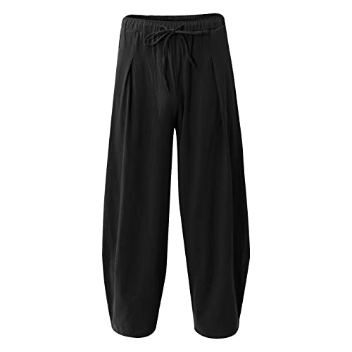 WENKOMG1 Cotton Linen Trousers for Men,Drawstring Baggy Style Yoga Pants Loose Fit Bottoms Lightweight Breathable Slacks3