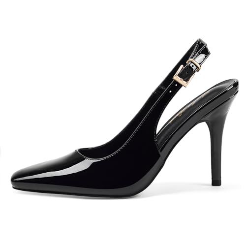 Elisabet Tang Women's Slingback High Heels, Square Toe with Metal Buckle, Sexy Slip on Patent Leather 3.4 Inch Stiletto Pumps for Wedding and Party Styles2
