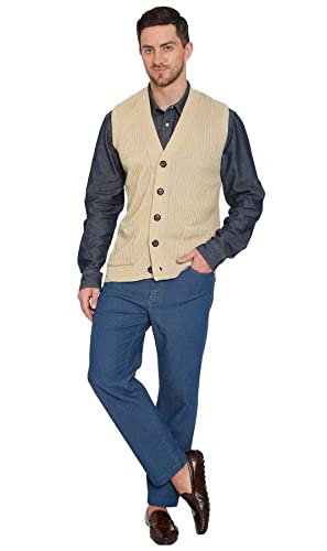 Turtle Bay New York Men's Relaxed Fit Ribbed Lightweight V-Neck Button Down Knitted Sweater Vest Cardigan With Pockets Tan Large #TOP6