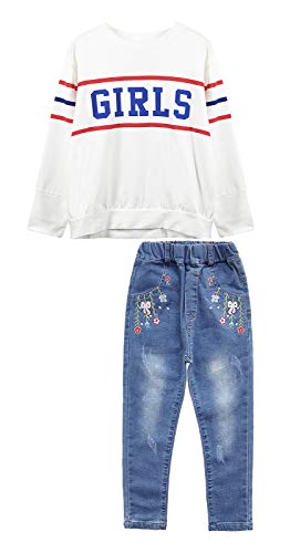 Image of Big Girls Letters Decor White Knitted Pullover Wahsed Flowers Embroidery Jeans Pants Set