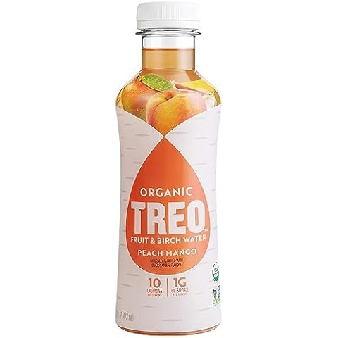 TREO Fruit & Birch Water Drink, Peach Mango, USDA Organic, Non-GMO Project Verified, Vegan, Gluten-Free, 10 Calories & 1g of Sugar Per Serving, Good Source of Vitamin C, 16 fl oz, (Pack of 6) Cover
