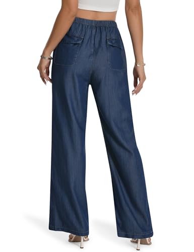 Skirt BL Women's Drawstring Elastic Waist Jeans Pull on Wide Leg Flowy Jeans for Trendy Soft Lightweight Denim Pants2