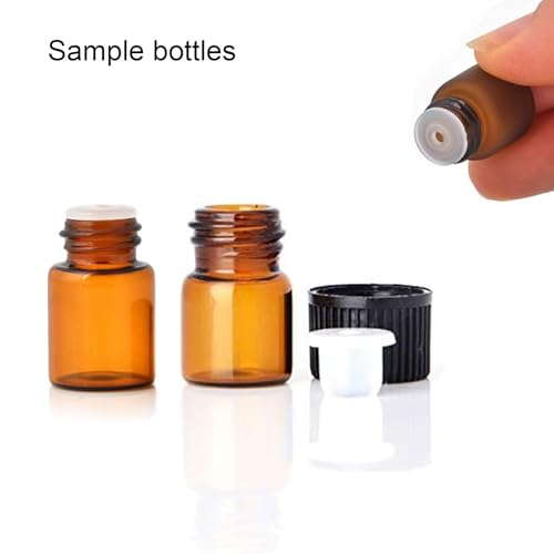 GisWell Lot de 108 petites bouteilles en verre marron à remplir, avec 1 décapsuleur pour huiles essentielles, 1 pinceau, 3 autocollants et 3 pipettes en plastique, pour huile essentielle – vue 4