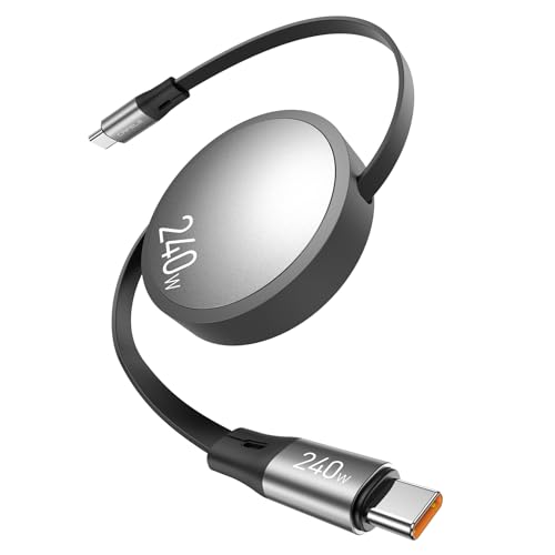 Image of CAFELE 240W Retractable USB-C Cable, USB-C to USB-C Cable 5A Fast Charger Cord, 5-Stage Adjustable Length USB Type-C Charger Cord for iPhone 17, 16, 15 Pro Max, S24 /S23, MacBook, iPad (3.9ft)