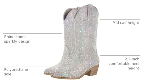 Image of Richealnana Sparkly Rhinestones Cowboy Cowgirl Style Boots Calf High Boots for Women 2INCH Heeled Shining Pull On Tabs