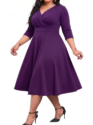 Image of Womens Plus Size Dresses Faux Wrap Summer Dress 3 /4 Sleeves V Neck 1950s Retro Vintage Wedding Party Midi Dress