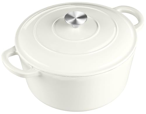 6 Quart Dutch Oven with Lid, Leonyo 6QT Enameled Cast Iron Dutch Oven for Sourdough Bread Baking, Heavy Duty Cookware for Braising, Stews, Roasting, White
