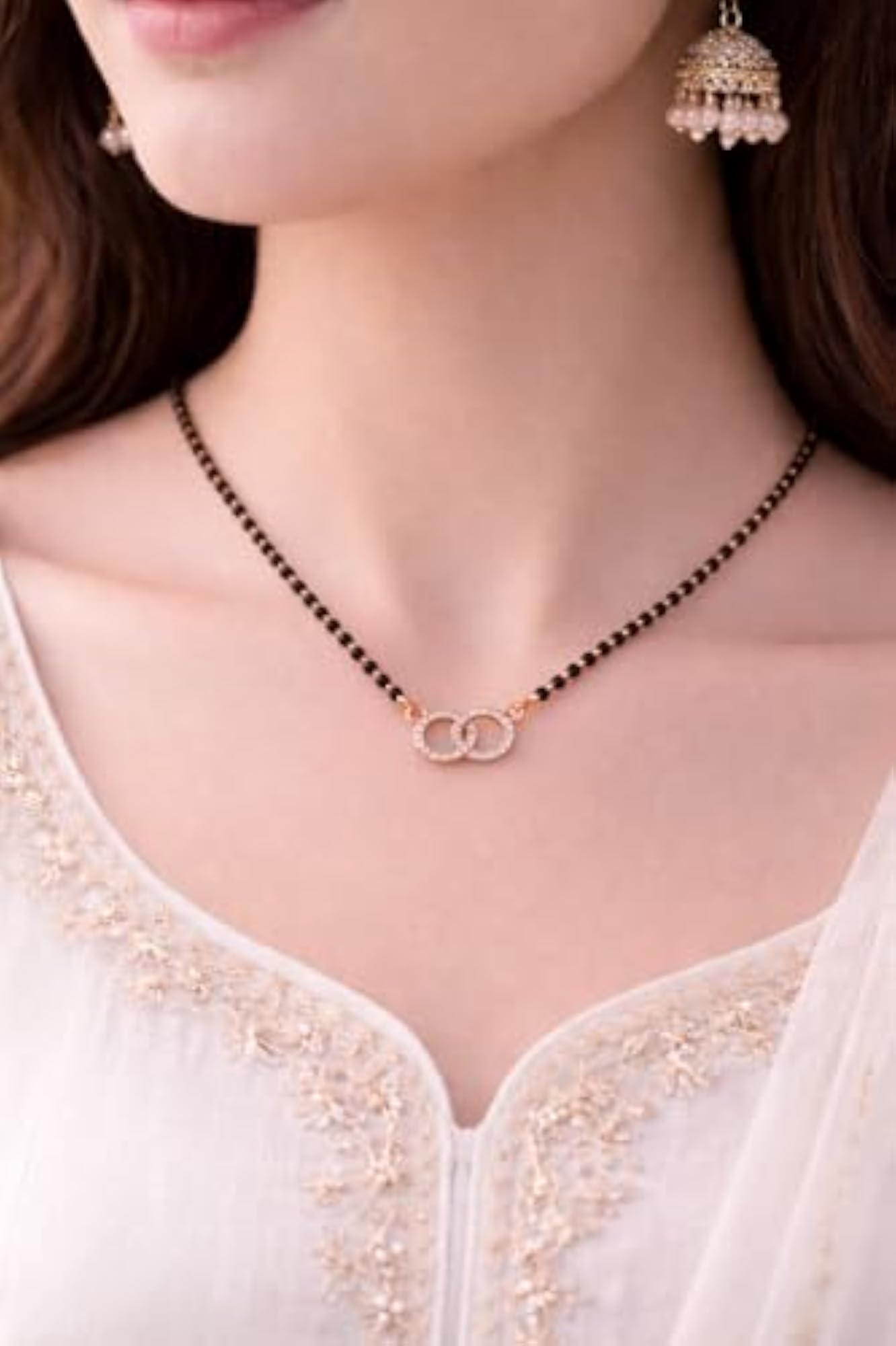Rose Gold Plated Mangalsutra Necklace with Interlocking Circles Pendant