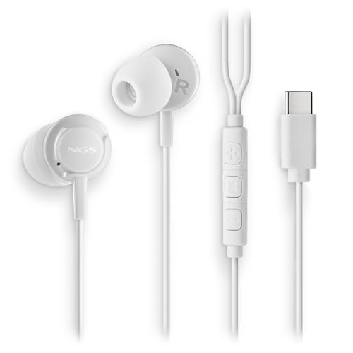 NGS Cross Step White   Auriculares de Botón USB C con Micrófono y Botón Multifunción, Control de Música y Llamadas, Cable 120 cm, Sonido, Compatibles con Smartphones y Tablets