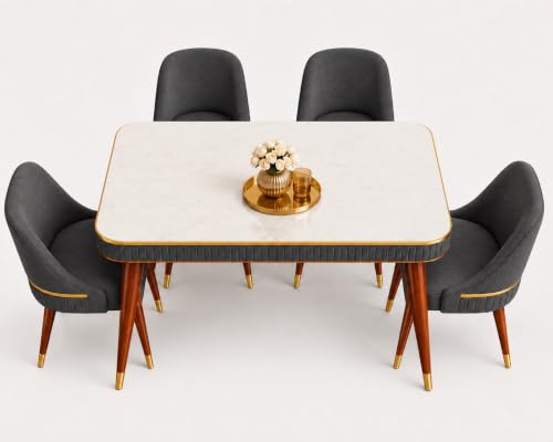 Image of WOODEN SPACE 4 Seater Wooden Dining Table Set | Urban Marble Top Dining Table with Chairs for Dining Room & Kitchen (Modern Grand Aura Dark Grey) (54 x 36 x 30 inch)