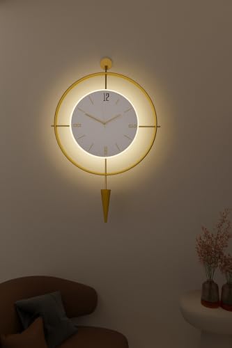 Image of FUNTLY Lavipen Gold White Led Wall Clocks for Living Room, 50cm Large Modern Silent Wall Clock, Gold Clock with No Ticking, Scandinavian Design with Sweep Movement, for Home Decor (Gold- White Led)
