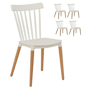 Kosmi – Lot de 4 Chaises Blanches Style scandinave à barreaux modèle Pop avec Coque en résine Blanche et Pieds en Bois Naturel