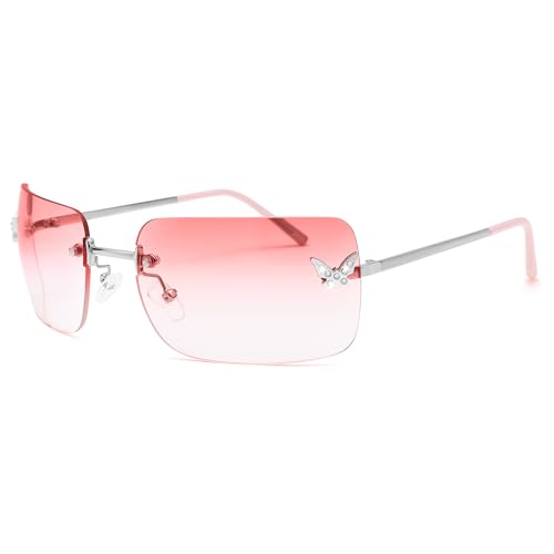 GLARDEFE Y2k Sunglasses for Women - Trendy Rimless 2000s Fashion Sun Glasses Rave Shades(Silver/Gradient Pink)