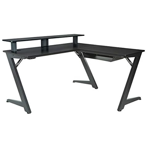 OSP Home Furnishings Avatar Battlestation L-Shape Gaming Desk with Bluetooth RGB LED Lights and Carbon Fiber Surface, Matte Black Cover