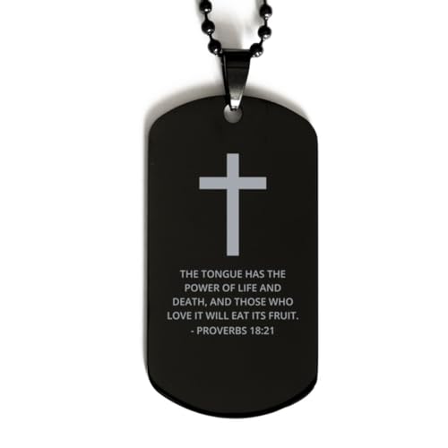 Bible Verse Black Dog Tag, Proverbs 18:21 Motivational Inspirational Quotes Gifts Cross Faith Engraved Stainless Steel Chain Necklace For Men Women Kids