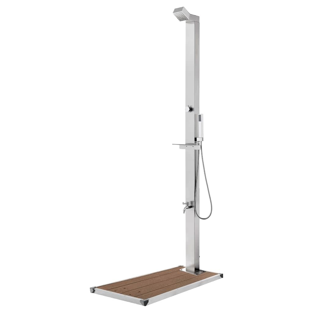 Ducha de jardín de acero inoxidable con base de WPC marrón, 225 cm de alto, incluye ducha de mano, grifo de lavado de pies y ducha de cabeza, ideal para jardín, piscina y terraza, resistente