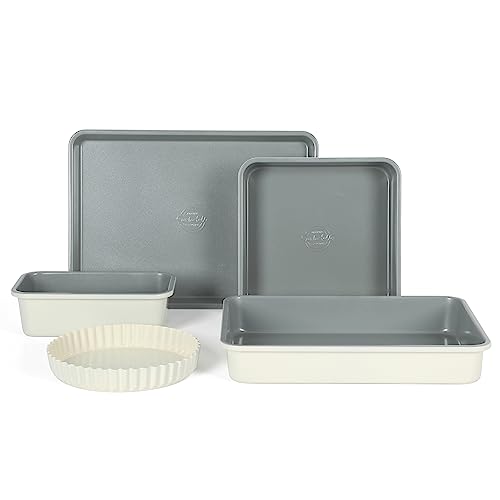 Sur La Table Kitchen Essential Carbon Steel Baking Pans Bakeware Set W/Premium PFOA, PFAS, PTFE Free Grey Non stick – Linen White Exterior