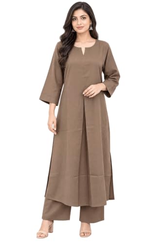 Image of idaLia Rayon Solid Straight Brown Kurta Set for Women with Palazzo 3 /4 Sleeve, Round V Neck Designer Kurta with Palazzo Pant Set
