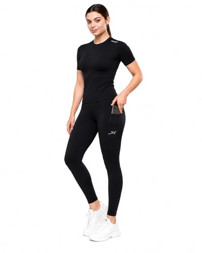 Image of Women's Gym Co-ord Set, Black, Premium Athletic Leggings with Phone Pocket and Short Sleeve Top