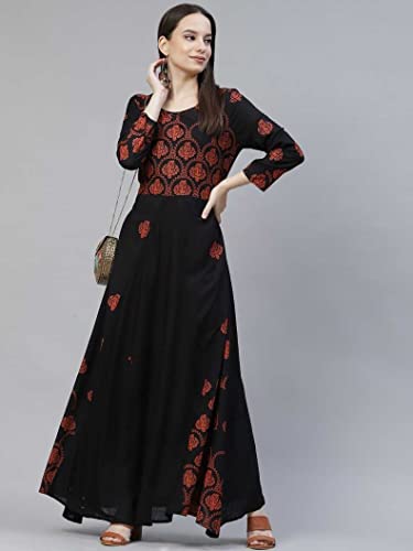 Image of Women's Floral Printed Anarkali Kurta Black Rayon A-Line Kurti for Girls