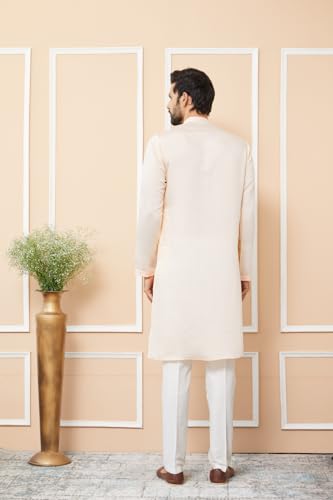 Image of See Designs Men's Long Sleeve Mandarin Collar Side Slit Off-White Embroidered Chanderi Silk Straight Kurta