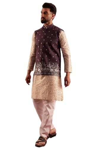 Image of SOJANYA Men's Silk Blend Cream Kurta & White Pyjama With Daman Embroidered Nehru Jacket