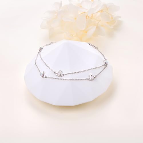 Image of Flyow Anklet for Women S925 Sterling Silver Adjustable Foot Beaded Heart Charm Ankle Bracelet Anklets Jewelry