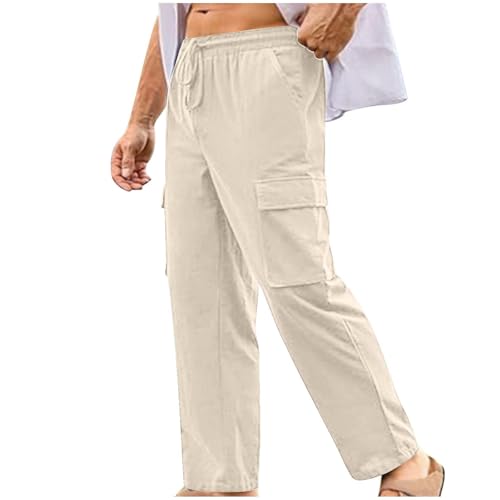 Mens Linen Cargo Pants Straight Casual Summer Beach Trousers with 4 Pockets Lightweight Fitness Pants for Outdoor3