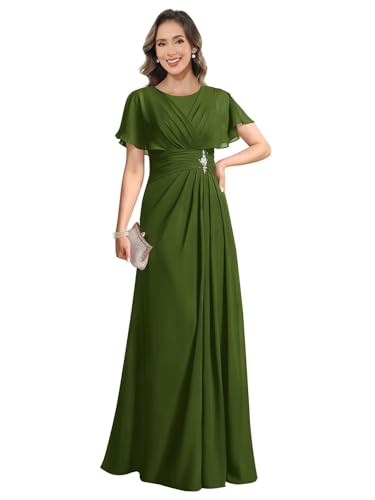 Beaded Mother of The Bride Dresses for Women Pleated Chiffon Long Formal Evening Gowns with Sleeves
