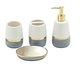Grey Gold Bathroom accesory Set 4pc,Ceramic Bathroom Accessories Set Gray Bathroom Decor countertop Organize Include Toothbrush Holder soap Dispenser soap Dish Tumbler Cup Best Gift for Bath Storage