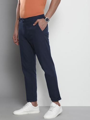 Image of The Indian Garage Co Men Slim Fit Solid Mid-Rise Elasticated Linen Trousers