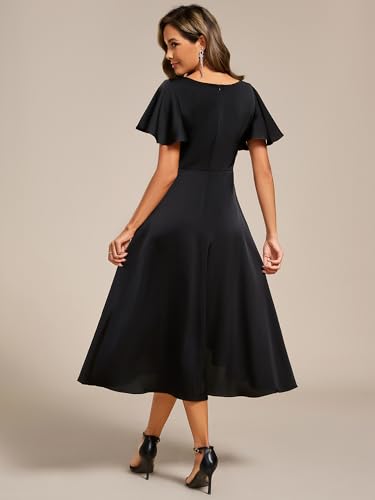 Image of Ever-Pretty Women's V Neck Satin Short Sleeve A Line Hi-Lo Midi Asymmetry Hem Bridesmaid Dress 02318