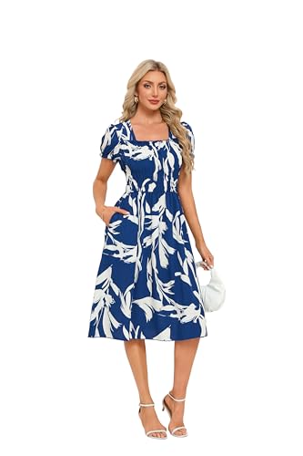Image of Women's 2026 Summer Boho Floral Midi Dress Casual Square Neck Puff Sleeve A Line Dresses with Pockets