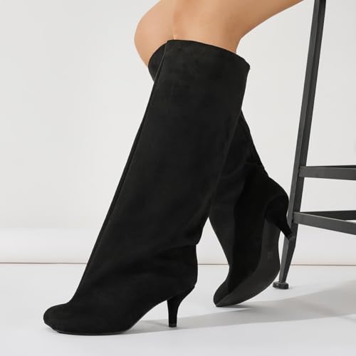 Women's Suede Knee High Boots Square Toe Wide Calf Stiletto Low Heels Fashionable Kitten Heel Pull-On Tall Winter Boots for Ladies4
